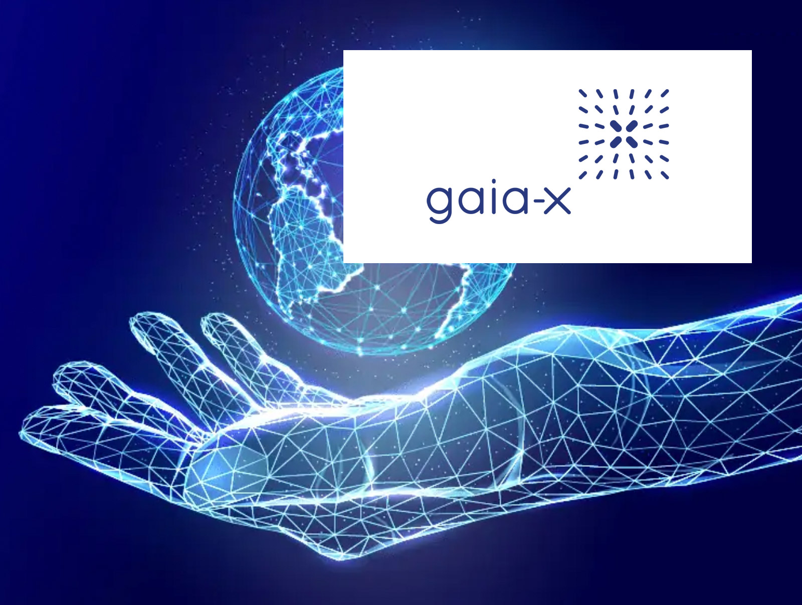 Grafik einer Hand, die einen Globus hält in digitaler Anmutung und das Logo von Gaia X