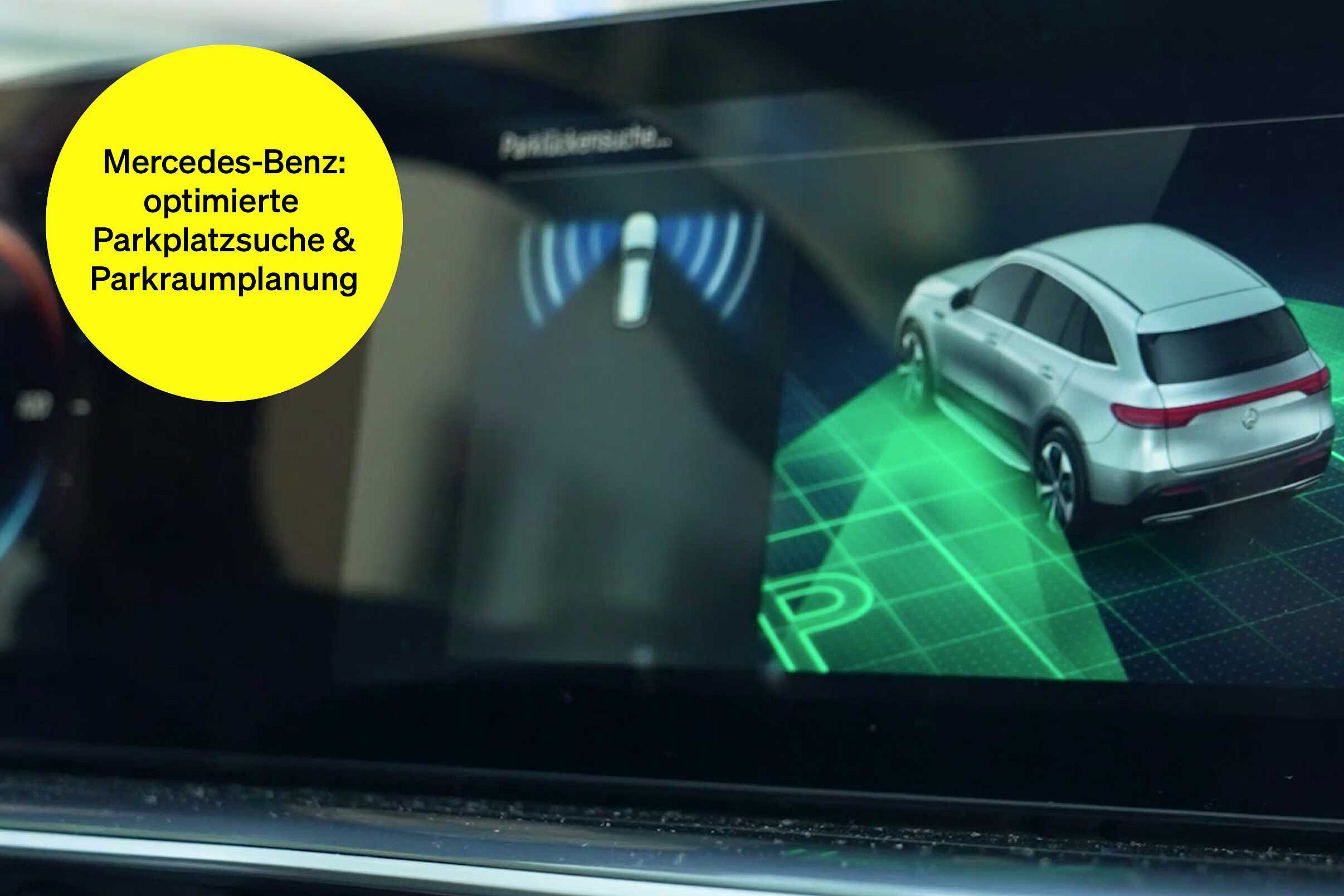 Parksensor-Anzeige im Auto – Textbaustein in runder Kachel: Mercedes-Benz optimieren Parkplatzsuche & Parkraumplanung