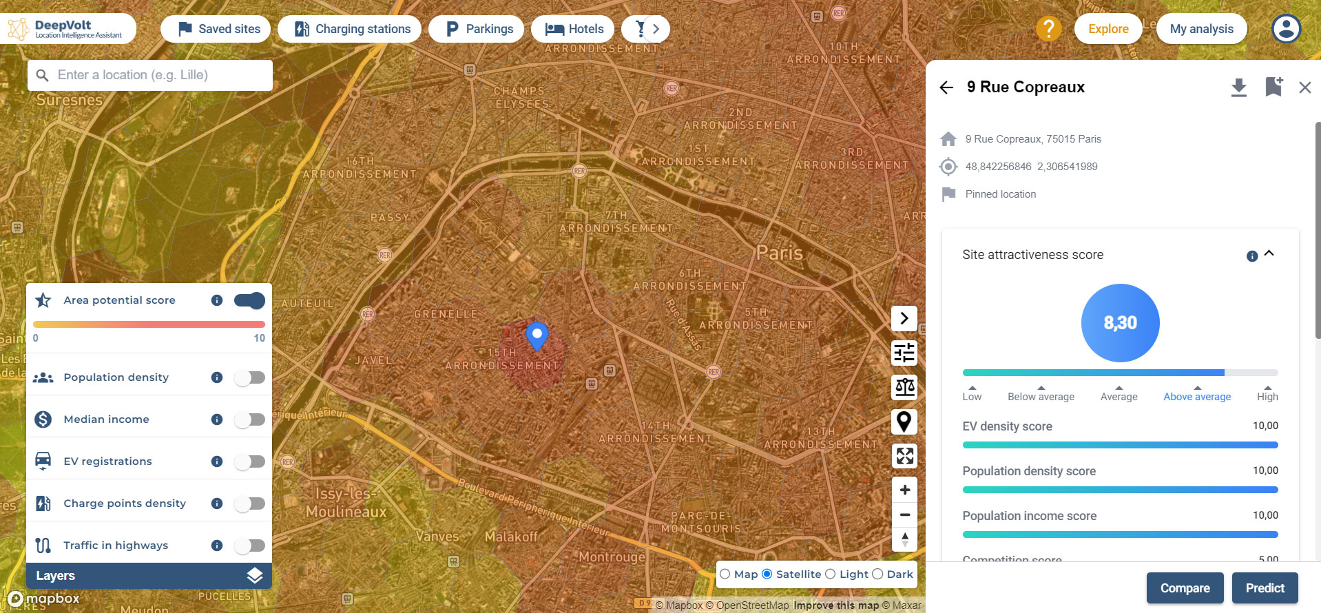 The image shows the user view of the DeepVolt Location Intelligence Assistant (DLIA) system. It shows a map of the city of Paris with neighbourhoods marked in the satellite view. A point in the centre is marked with a pin. You can also see various clickable information boxes and rating scales that tell you what facilities are available at that point and how attractive a charging station would be at that location.