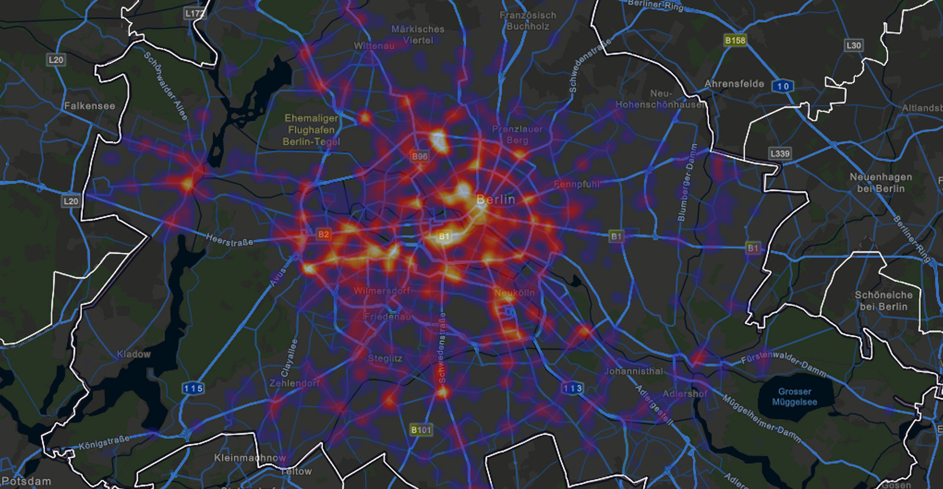 The image shows a map of Berlin, on which the hotspots for traffic accidents are highlighted in different colours