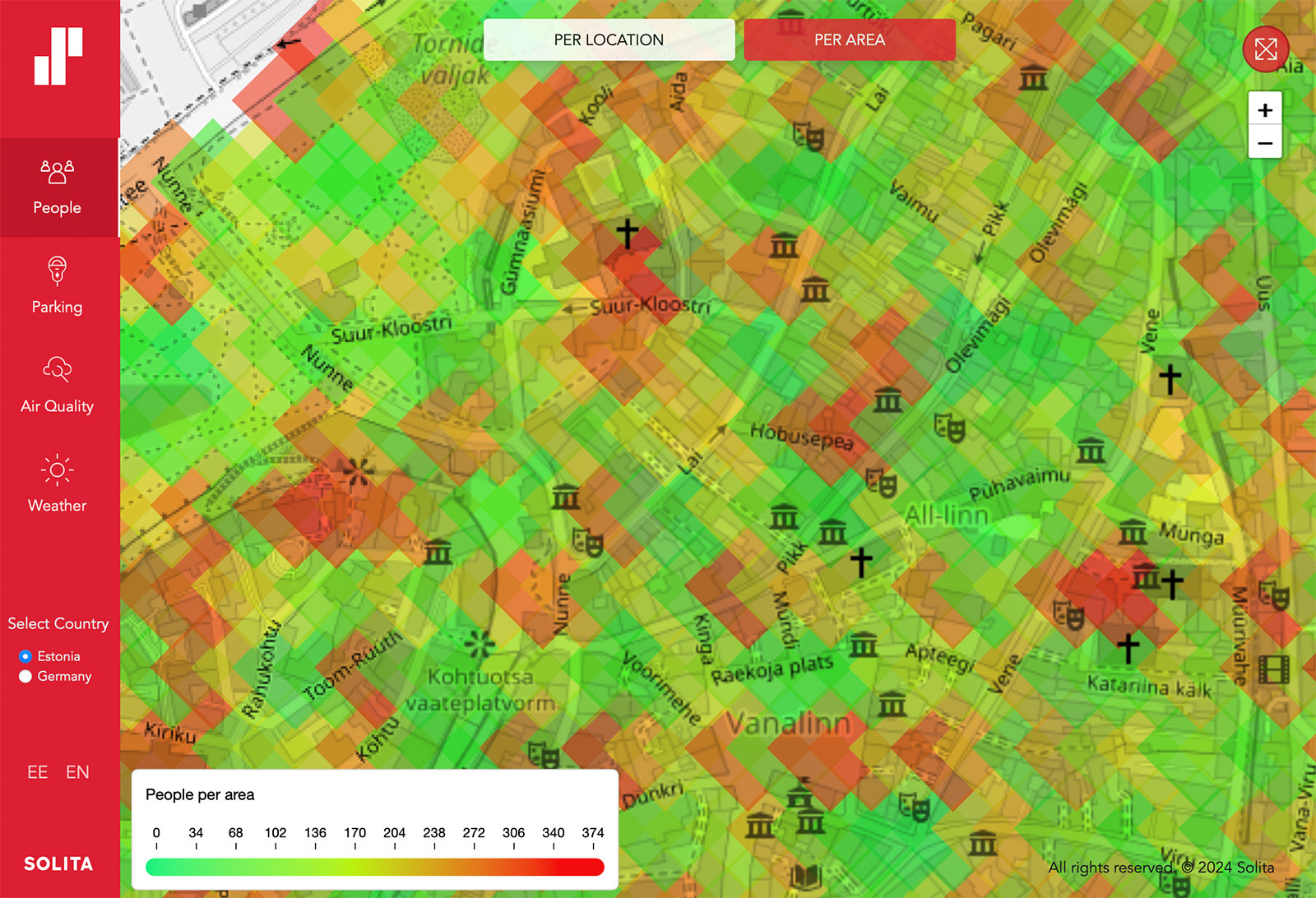 Der Slider zeigt die Solita-Anwendung. Links ein Menü mit vier Kategorien: People, Parking, Air Quality und Weather, in der Mitte eine Karte mit Parkplatz-Standorten und Informationen zu den einzelnen Kategorien.