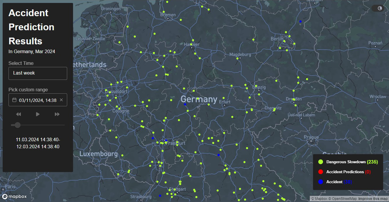 The image shows an animation of the web tool of the Mobias system Swarmnect. Here you can see several maps of Germany, which are shown in sequence. The view rotates and different coloured dots light up one after the other. The dots indicate traffic hazards (dangerous slowdowns, accidents, accident predictions). On the left-hand side of the screen, there is an information box where you can select a time period.