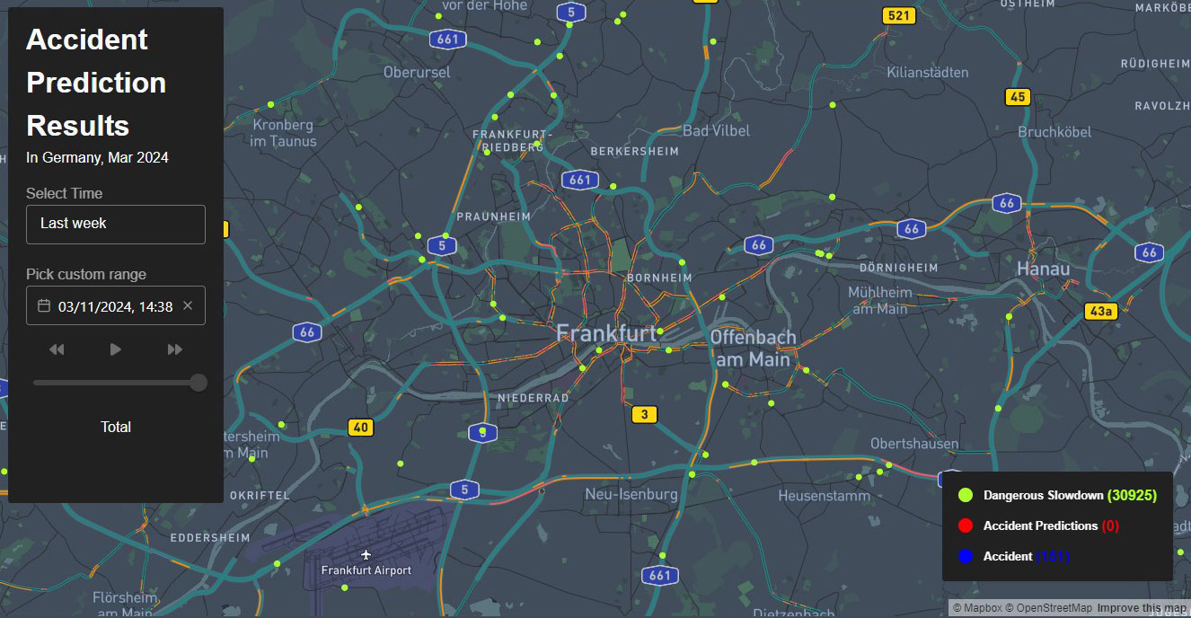 The image shows an animation of the web tool of the Mobias system Swarmnect. Here you can see several maps of Germany, which are shown in sequence. The view rotates and different coloured dots light up one after the other. The dots indicate traffic hazards (dangerous slowdowns, accidents, accident predictions). On the left-hand side of the screen, there is an information box where you can select a time period.