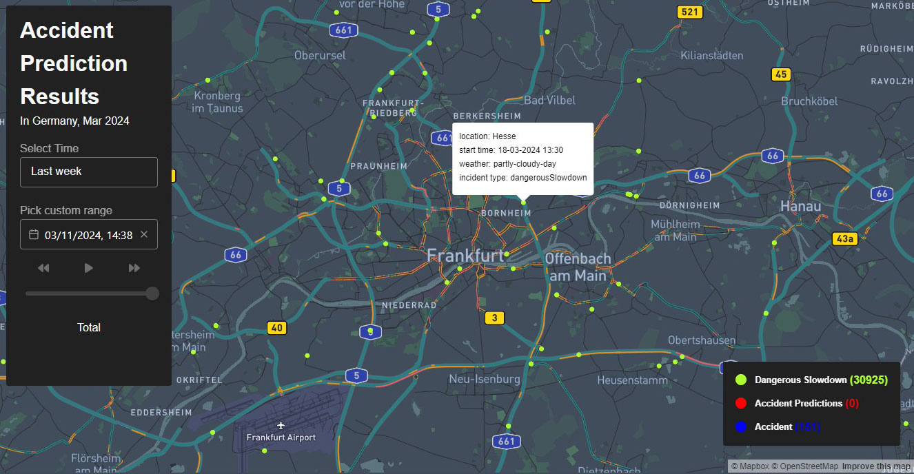 Das Bild zeigt eine Animation des Web-Tools von dem Mobias-System Swarmnect. Hier sieht man mehrere Karten von Deutschland, die nacheinander gezeigt werden. Die Ansicht wechselt rotierend und es leuchten nach und nach verschiedenfarbige Punkte auf. Die Punkte markieren Gefahrstellen im Verkehr (gefährliche Verlangsamung, Unfälle, Unfallvorhersagen). Am linken Bildrand befindet sich ein Informationsfeld, indem man eine gewünschte Zeitspanne auswählen kann.
